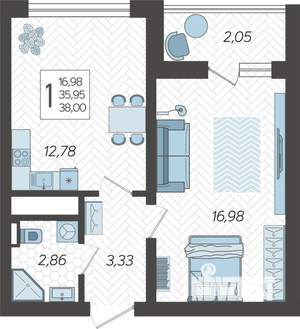 1-к квартира, строящийся дом, 38м2, 18/19 этаж