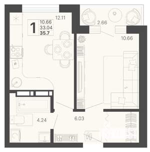 1-к квартира, вторичка, 34м2, 12/20 этаж