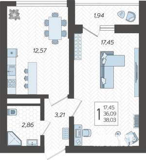 1-к квартира, строящийся дом, 39м2, 13/19 этаж