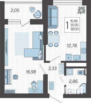 1-к квартира, вторичка, 39м2, 18/19 этаж