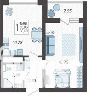 1-к квартира, строящийся дом, 39м2, 16/19 этаж