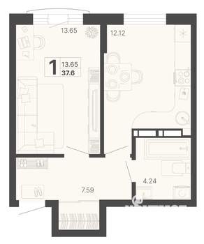 1-к квартира, вторичка, 38м2, 5/20 этаж