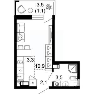 1-к квартира, вторичка, 21м2, 2/12 этаж
