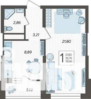 1-к квартира, строящийся дом, 39м2, 9/19 этаж