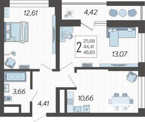 2-к квартира, строящийся дом, 49м2, 2/19 этаж