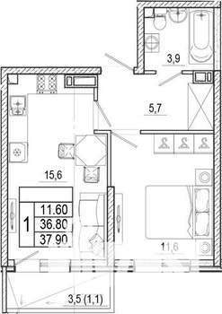 1-к квартира, вторичка, 38м2, 2/15 этаж