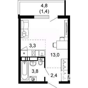 1-к квартира, вторичка, 24м2, 3/17 этаж