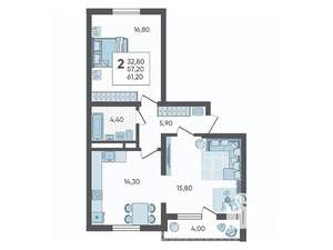 2-к квартира, вторичка, 61м2, 2/10 этаж
