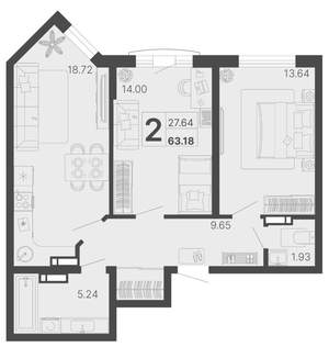 2-к квартира, вторичка, 63м2, 13/20 этаж