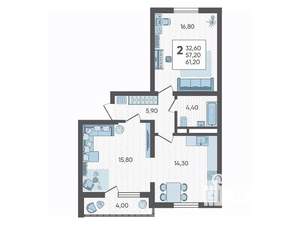 2-к квартира, вторичка, 61м2, 2/10 этаж