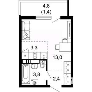 1-к квартира, вторичка, 24м2, 8/17 этаж