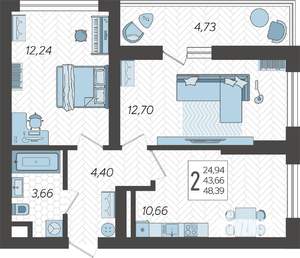 2-к квартира, строящийся дом, 48м2, 2/19 этаж