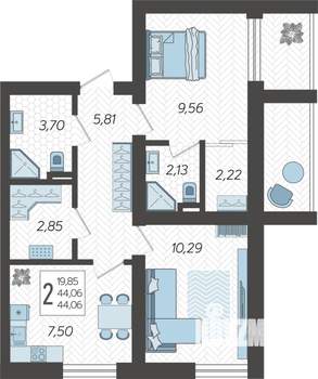 2-к квартира, вторичка, 44м2, 1/19 этаж