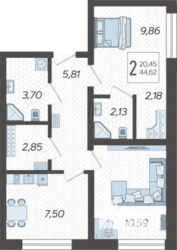 2-к квартира, строящийся дом, 45м2, 1/19 этаж