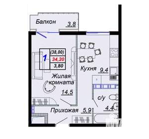 1-к квартира, вторичка, 38м2, 10/15 этаж