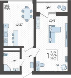 1-к квартира, строящийся дом, 39м2, 14/19 этаж