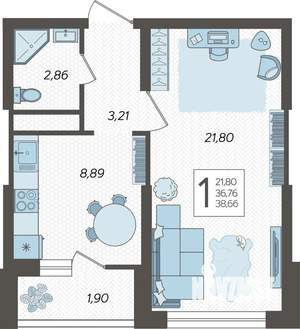 1-к квартира, вторичка, 39м2, 4/19 этаж