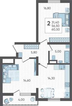 2-к квартира, строящийся дом, 61м2, 1/16 этаж