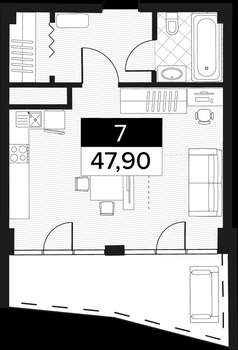 1-к квартира, вторичка, 48м2, 4/14 этаж