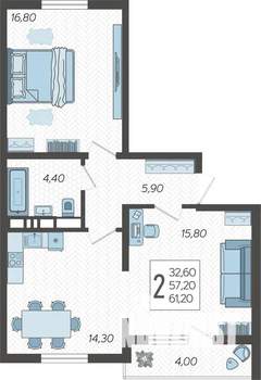 2-к квартира, строящийся дом, 61м2, 4/10 этаж
