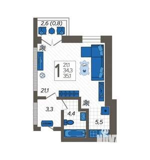 Студия квартира, строящийся дом, 35м2, 4/12 этаж