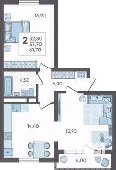 2-к квартира, вторичка, 62м2, 7/10 этаж