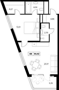 2-к квартира, вторичка, 54м2, 6/16 этаж