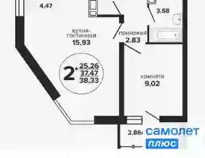 1-к квартира, вторичка, 38м2, 19/24 этаж