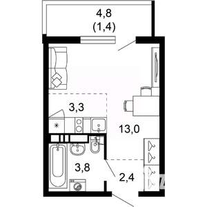 1-к квартира, вторичка, 24м2, 4/17 этаж