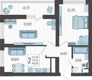 2-к квартира, строящийся дом, 50м2, 14/19 этаж
