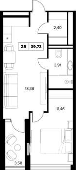 2-к квартира, вторичка, 40м2, 6/16 этаж
