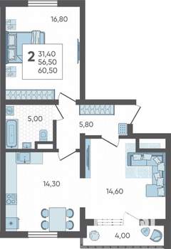 2-к квартира, строящийся дом, 61м2, 1/16 этаж