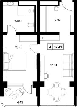 2-к квартира, вторичка, 47м2, 11/16 этаж