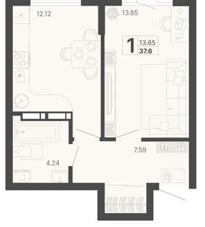 1-к квартира, вторичка, 38м2, 5/20 этаж