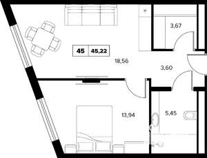 2-к квартира, вторичка, 45м2, 6/16 этаж