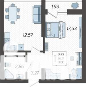 1-к квартира, строящийся дом, 38м2, 16/19 этаж