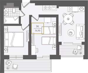 3-к квартира, вторичка, 57м2, 8/10 этаж
