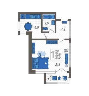 1-к квартира, вторичка, 40м2, 7/12 этаж