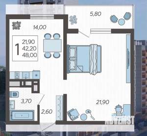 1-к квартира, вторичка, 48м2, 6/15 этаж