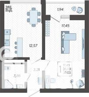 1-к квартира, строящийся дом, 38м2, 8/19 этаж