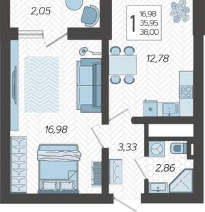 1-к квартира, сданный дом, 38м2, 16/19 этаж