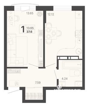 1-к квартира, вторичка, 38м2, 7/20 этаж