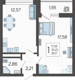 1-к квартира, строящийся дом, 38м2, 10/19 этаж