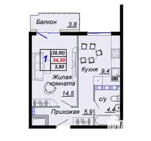 1-к квартира, вторичка, 38м2, 11/15 этаж