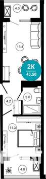 2-к квартира, строящийся дом, 43м2, 4/10 этаж
