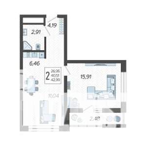 2-к квартира, строящийся дом, 43м2, 2/19 этаж