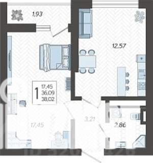 1-к квартира, строящийся дом, 38м2, 13/19 этаж