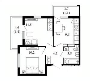 2-к квартира, вторичка, 42м2, 8/17 этаж