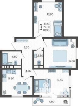 3-к квартира, строящийся дом, 82м2, 9/10 этаж