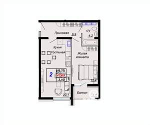 2-к квартира, вторичка, 47м2, 7/15 этаж